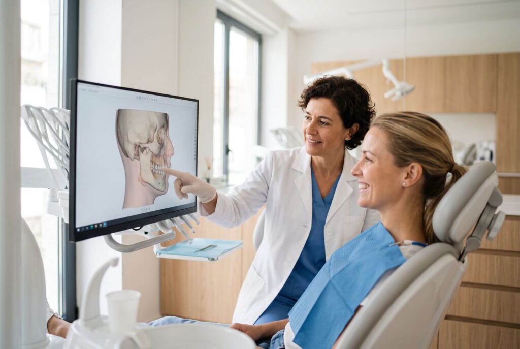 Dentista mostra modelo 3D de mandíbula na tela para paciente sorridente. Consulta de cirurgia ortognática em São José dos Campos.